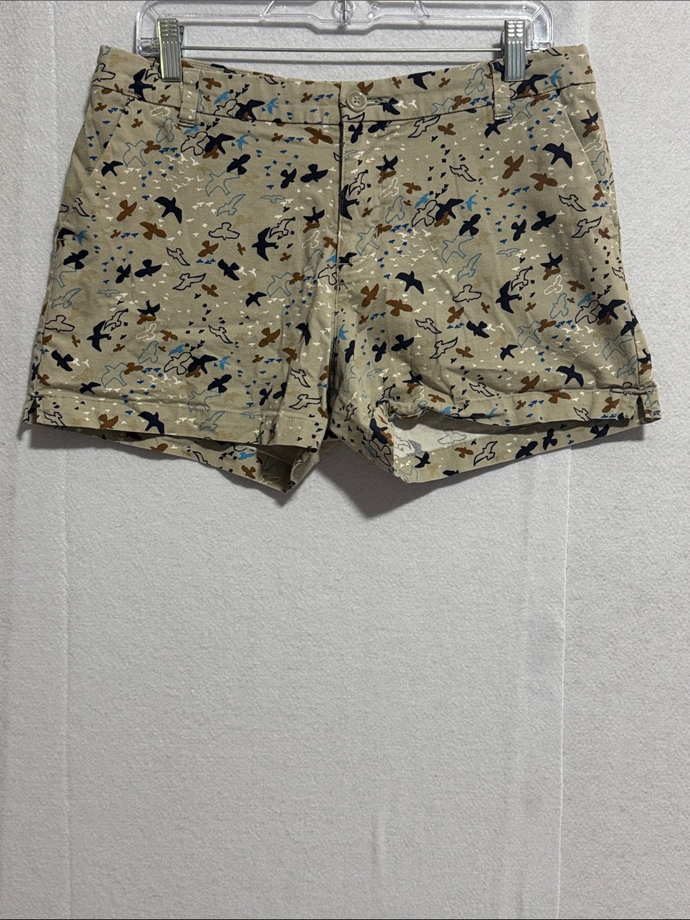 Patagonia Beige Bird-Print Cotton Blend Outdoor Shorts with Navy & Brown Accents